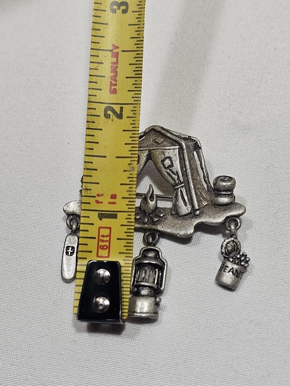 Vintage Brooch Danecraft Pewter Art Camping Site With Fire Pinback - Picture 2 of 4